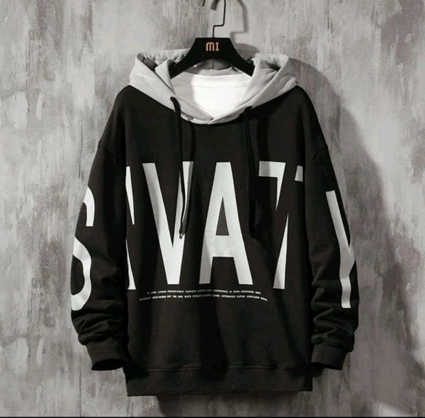 Fleece Printed Hooded Sweatshirt for Men - Black, XL