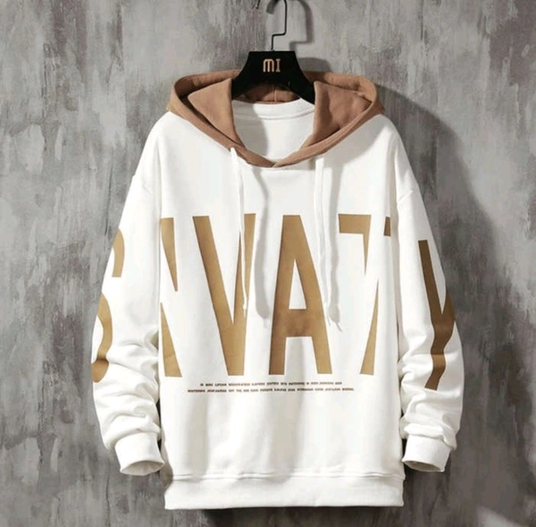 Fleece Printed Hooded Sweatshirt for Men - Cream, L