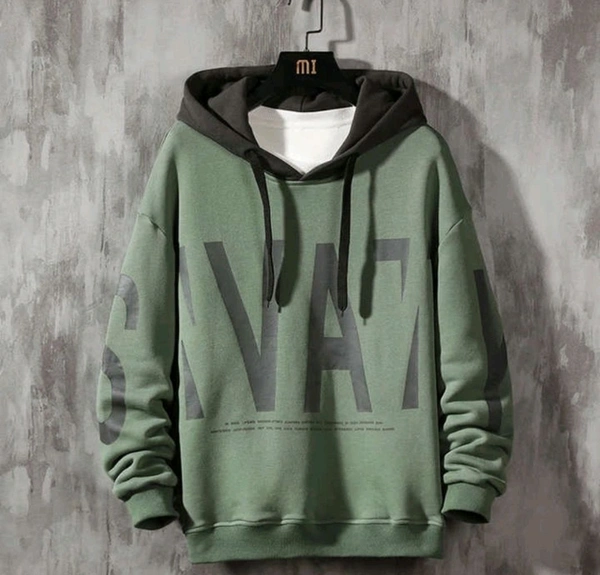 Fleece Printed Hooded Sweatshirt for Men - Olive, XL