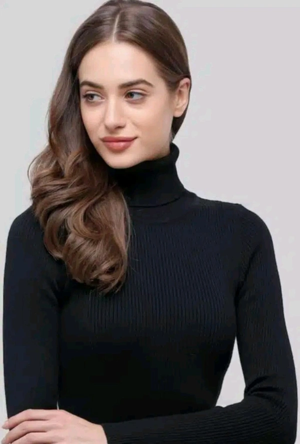 Wool Blend High Neck Sweater for Women - Black, L