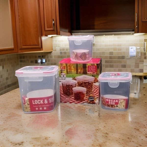 Lock & Seal Ultra Airtight Container Set - Pack of 3 (250ml, 500ml, 1000ml) | Durable Plastic Food Storage Jars for Kitchen & Fridge