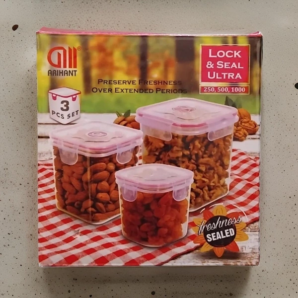 Lock & Seal Ultra Airtight Container Set - Pack of 3 (250ml, 500ml, 1000ml) | Durable Plastic Food Storage Jars for Kitchen & Fridge