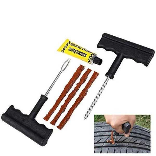 Puncture Repair Kit Tubeless Tyre Full Set with Nose Pliers, Rubber Cement and Extra Strips for Cars, Bikes