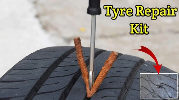 Puncture Repair Kit Tubeless Tyre Full Set with Nose Pliers, Rubber Cement and Extra Strips for Cars, Bikes