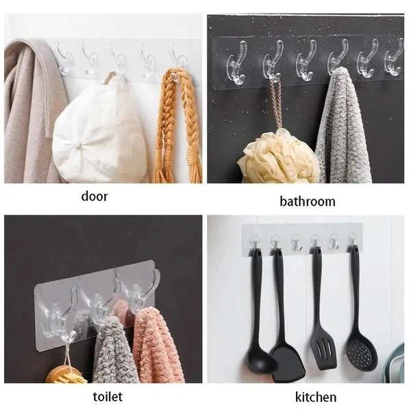 6 Hook - Adhesive Transparent Heavy Duty Wall Hook | Hooks Strip for Wall