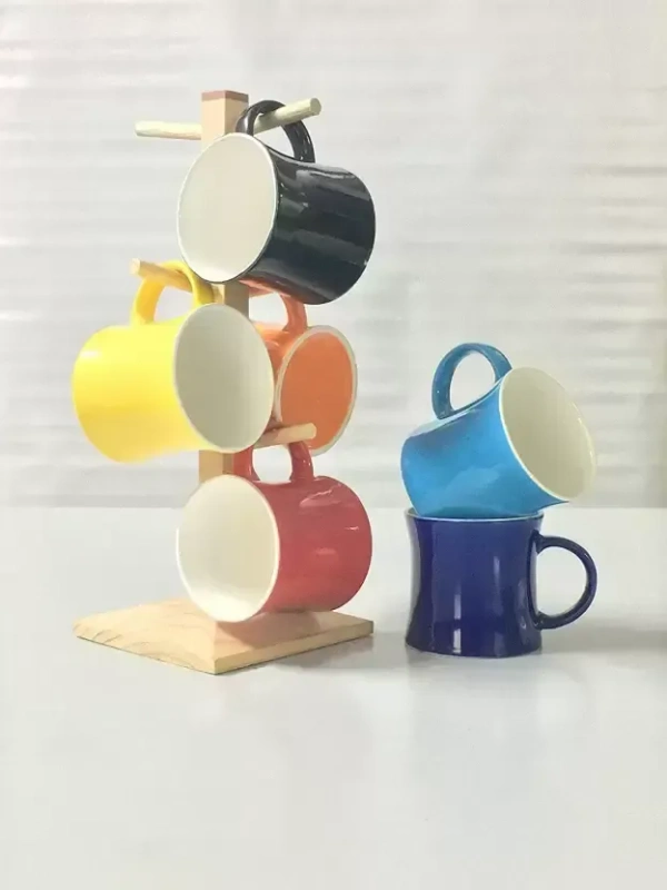 Tibros 7-Piece Ceramic Tea Mug Set with Wooden Stand – Assorted Multicolor Mugs