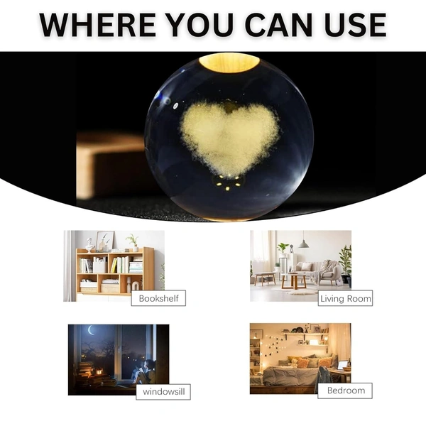 (Love Heart) 3D Galaxy Crystal Ball Night Lamp, Glass Ball Night LED Lamp with Wooden Base, USB Table light, for Home Office Decorations, Gifts for Men, Women and Kids - Love Heart