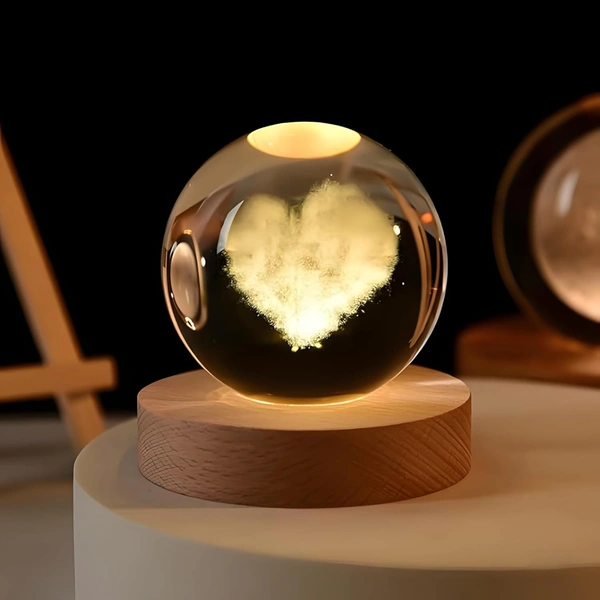 (Love Heart) 3D Galaxy Crystal Ball Night Lamp, Glass Ball Night LED Lamp with Wooden Base, USB Table light, for Home Office Decorations, Gifts for Men, Women and Kids - Love Heart
