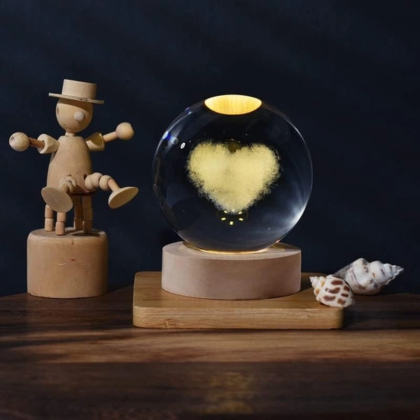 (Love Heart) 3D Galaxy Crystal Ball Night Lamp, Glass Ball Night LED Lamp with Wooden Base, USB Table light, for Home Office Decorations, Gifts for Men, Women and Kids - Love Heart