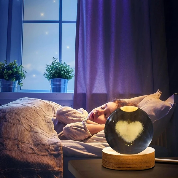 (Love Heart) 3D Galaxy Crystal Ball Night Lamp, Glass Ball Night LED Lamp with Wooden Base, USB Table light, for Home Office Decorations, Gifts for Men, Women and Kids - Love Heart
