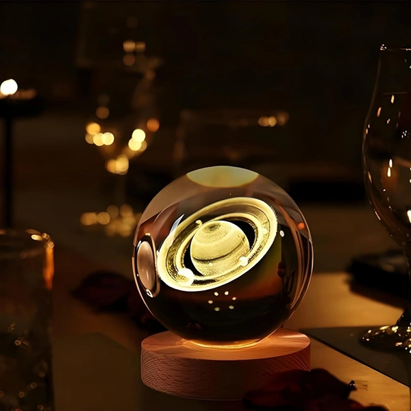 (Satun Ball) 3D Galaxy Crystal Ball Night Lamp, Glass Ball Night LED Lamp with Wooden Base, USB Table light, for Home Office Decorations, Gifts for Men, Women and Kids - Satun Ball