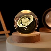 (Satun Ball) 3D Galaxy Crystal Ball Night Lamp, Glass Ball Night LED Lamp with Wooden Base, USB Table light, for Home Office Decorations, Gifts for Men, Women and Kids - Satun Ball