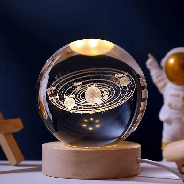 (Solar System) 3D Galaxy Crystal Ball Night Lamp, Glass Ball Night LED Lamp with Wooden Base, USB Table light, for Home Office Decorations, Gifts for Men, Women and Kids - Solar System