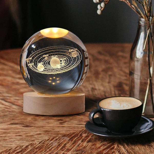 (Solar System) 3D Galaxy Crystal Ball Night Lamp, Glass Ball Night LED Lamp with Wooden Base, USB Table light, for Home Office Decorations, Gifts for Men, Women and Kids - Solar System