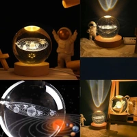 (Solar System) 3D Galaxy Crystal Ball Night Lamp, Glass Ball Night LED Lamp with Wooden Base, USB Table light, for Home Office Decorations, Gifts for Men, Women and Kids - Solar System