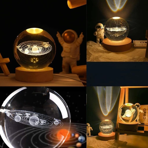 (Solar System) 3D Galaxy Crystal Ball Night Lamp, Glass Ball Night LED Lamp with Wooden Base, USB Table light, for Home Office Decorations, Gifts for Men, Women and Kids - Solar System
