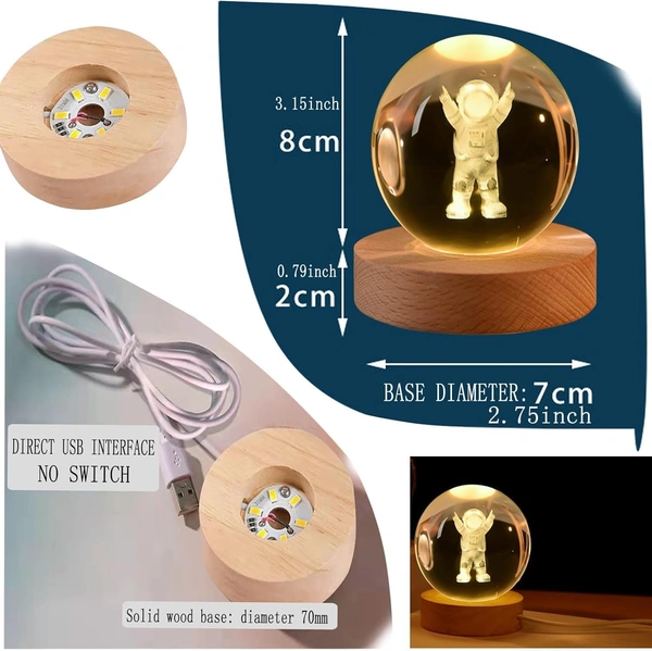 (Astronuat) 3D Galaxy Crystal Ball Night Lamp, Glass Ball Night LED Lamp with Wooden Base, USB Table light, for Home Office Decorations, Gifts for Men, Women and Kids - Astronaut