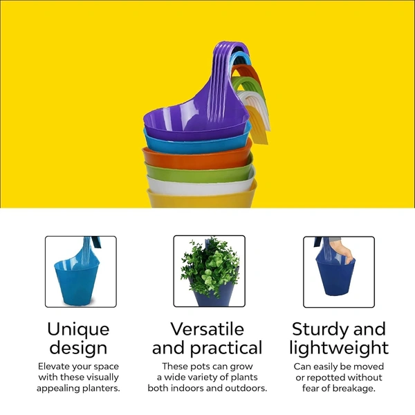 Plastic Hanging Planters - 6 Pcs (8 Inch, 3 Color) | Durable Round Flower Hanging Pots | Hanging Planters for Home Plants | Hooked Hanging Pots for Home & Balcony Garden