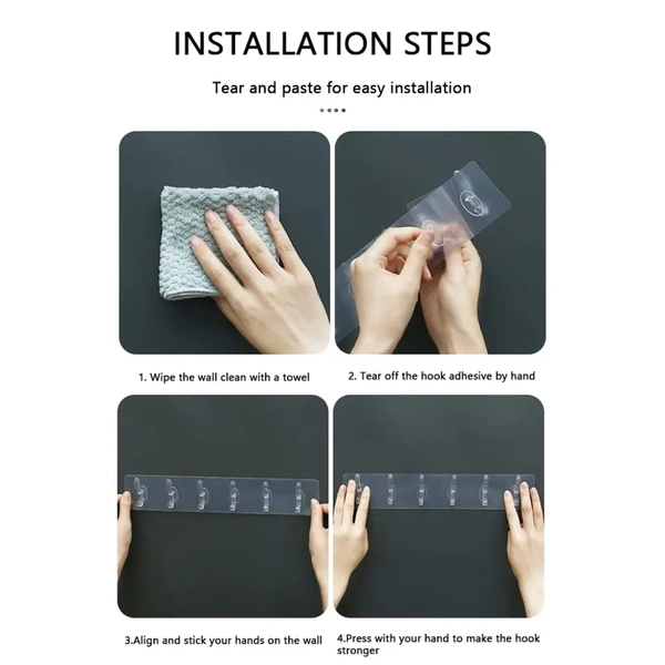 6 Hook - Adhesive Transparent Heavy Duty Wall Hook | Hooks Strip for Wall