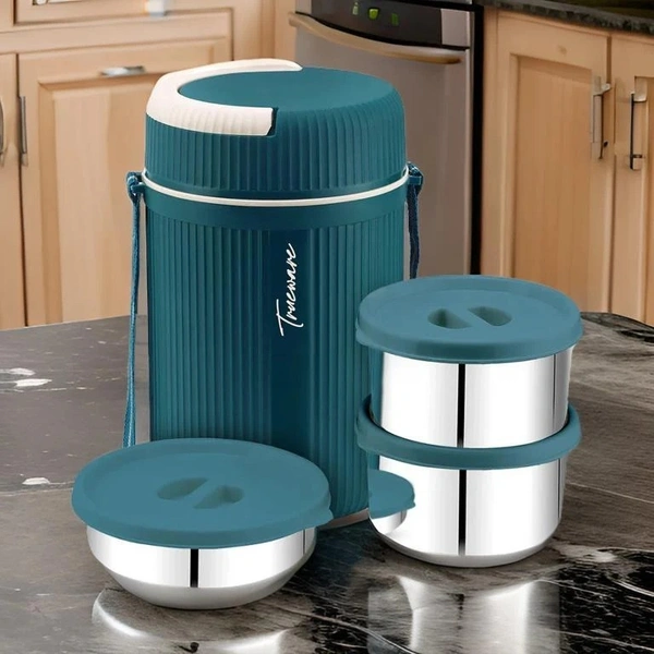 2-Tier Insulated Lunch Box with 3 Stainless Steel Containers – 2 x 300ml & 1 x 200ml – Perfect for Hot Lunches On-the-Go