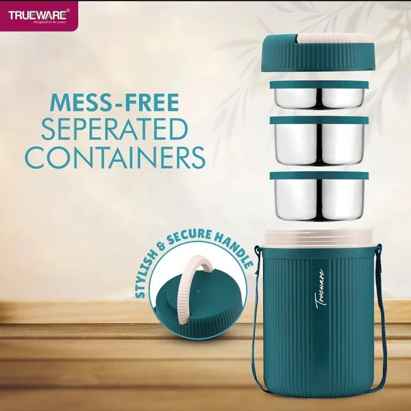 2-Tier Insulated Lunch Box with 3 Stainless Steel Containers – 2 x 300ml & 1 x 200ml – Perfect for Hot Lunches On-the-Go