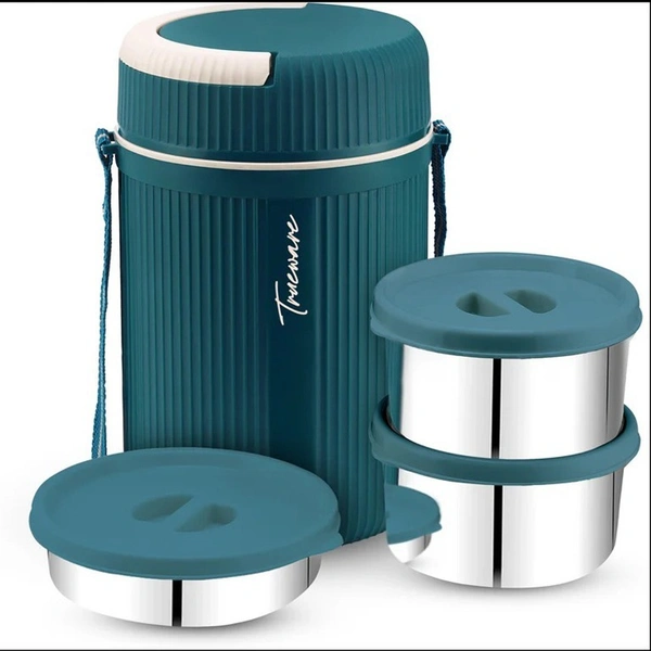 2-Tier Insulated Lunch Box with 3 Stainless Steel Containers – 2 x 300ml & 1 x 200ml – Perfect for Hot Lunches On-the-Go