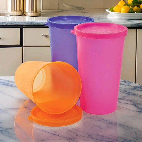 (Pack Of 3) Bailer Virgin Plastic Everyday Small Glass Tumbler / Airtight Container Leak proof Storage with Lid 250ml