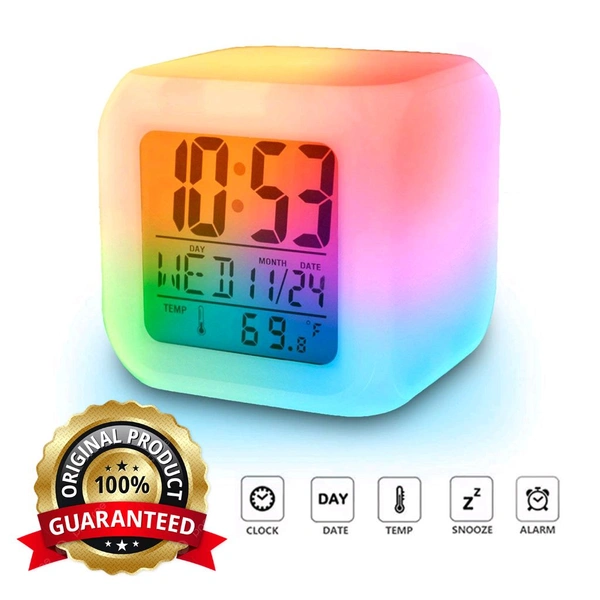 7 Colour Changing LED Digital Alarm Clock, Table Watch, with Date Time Temperature for, Office Bedroom 