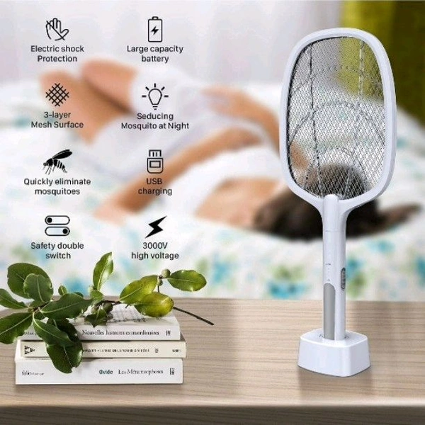 2-in-1-Mosquito Racket Rechargeable Battery Handheld Fly Swatter-(Including Stand)