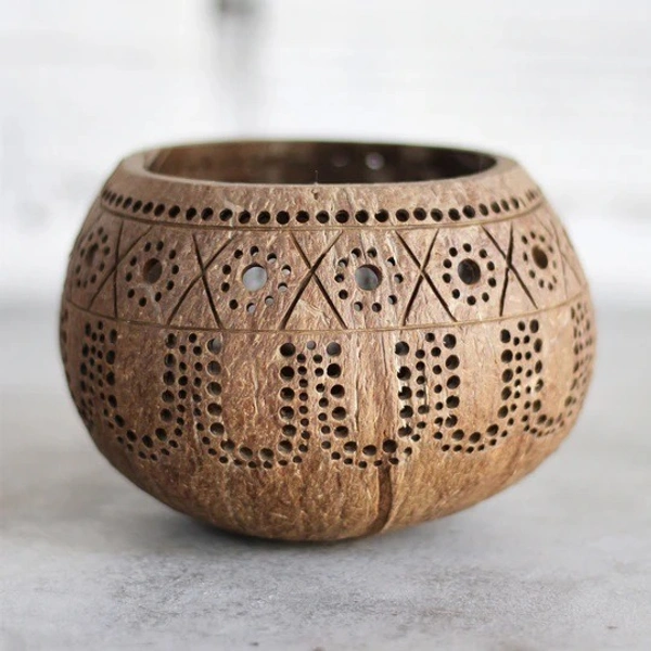 Candle Holder - Hand Carved Coconut shell Candle Holder - Eco-Friendly Diwali Gifts (Tropical)