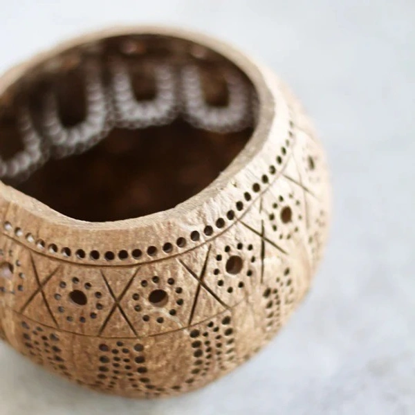 Candle Holder - Hand Carved Coconut shell Candle Holder - Eco-Friendly Diwali Gifts (Tropical)