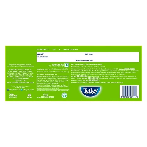 Tetley Green Tea Bag Sachet, 100N