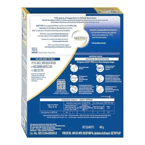 Nan Pro Stage 3 Baby Formula Powder After 12 Months Upto 18 Months, 400 g