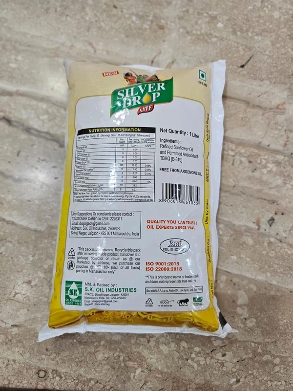 Silverdrop Refined Sunflower Oil Pouch, 1 L