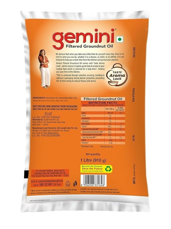 Gemini Filtered Groundnut Oil Pouch, 1L