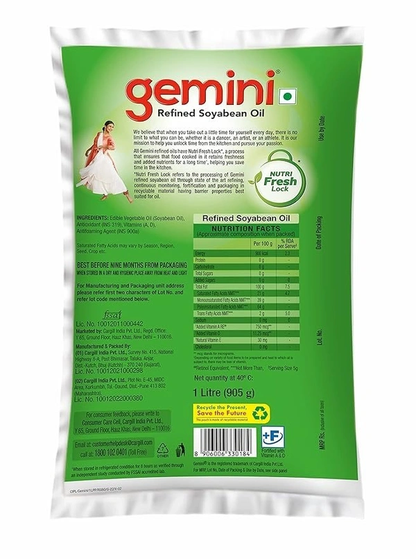 Gemini Refined Soyabean Oil Pouch, 1L