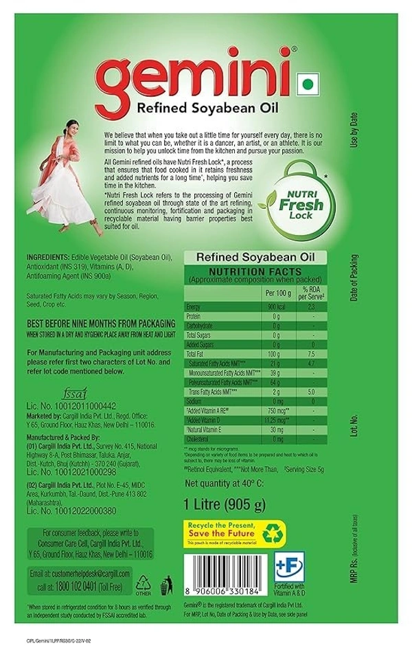 Gemini Refined Soyabean Oil Pouch, 1L