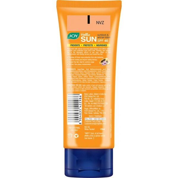 Joy Hello SPF 40 Sunscreen Lotion 120 ml