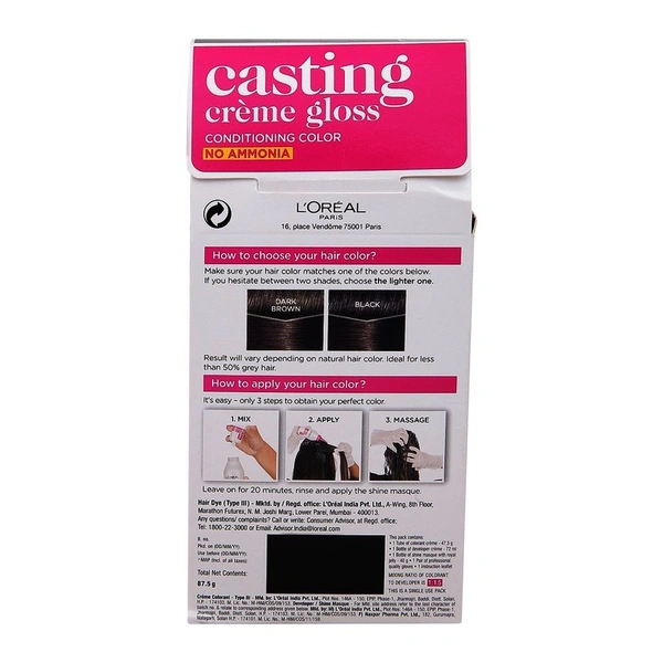 L'oreal Paris Casting Creme Gloss Hair Colour Darkest Brown, 72 ml