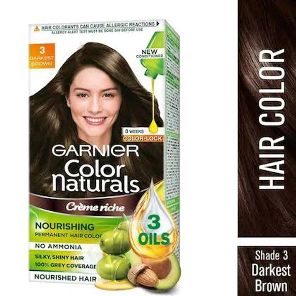Garnier Color Naturals Hair Colour Darkest Brown Hair Colour Shade No 3, 70 ml + 60 g