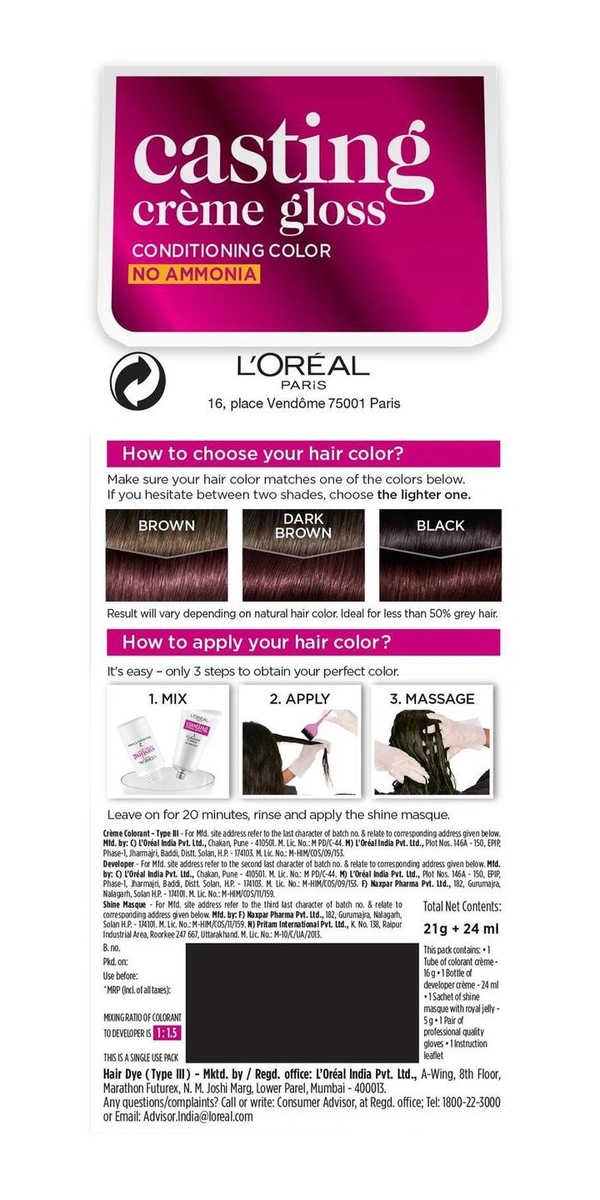 L'oreal Paris Casting Creme Gloss Hair Colour 316 Burgundy, 21 g + 24 ml