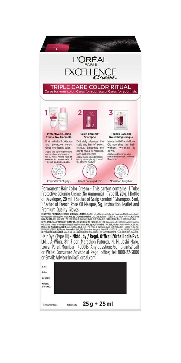 L'oreal Paris Excellence Creme Hair Color Black, 25g + 25 ml