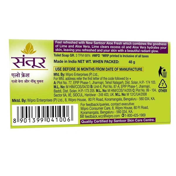 Santoor Aloe Fresh Soap 4 N (48 g Each)