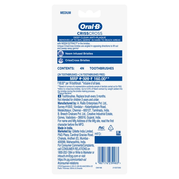 Oral-B Crisscross Antiplaq Neem Medium Toothbrush 2 N + 2 N