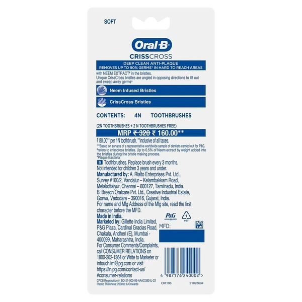 Oral-B Crisscross Antiplaq Neem Soft Toothbrush 2 N + 2 N