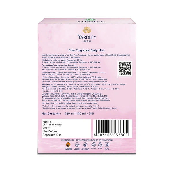 Yardley London Fine Fragrance Body Mist 2 N + 1 N (140 ml Each)