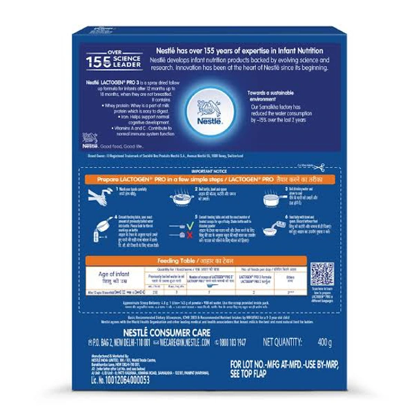 Lactogen Stage 3 Baby Formula Powder After 12 Months Upto 18 Months, 400 g