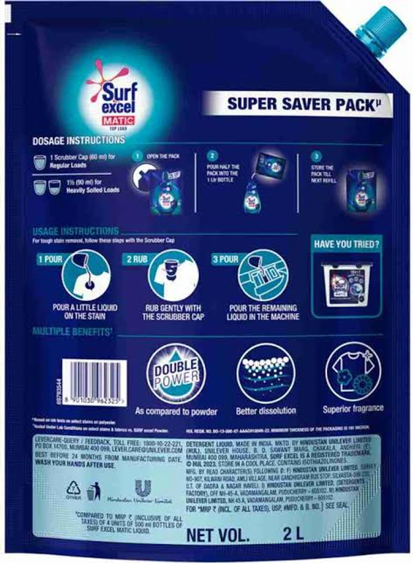 Surf Excel Matic Top Load Liquid Detergent Pouch, 2 L