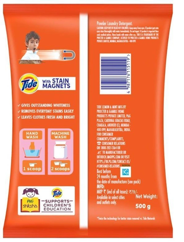 Tide Double Power Lemon & Mint Detergent Powder 500 g