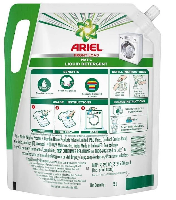 Ariel Matic Front Load Liquid Detergent Refill Pouch 2L